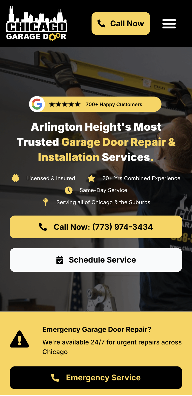 Chicago Garage Door homepage on mobile, with the review badge, headline and call-now button
