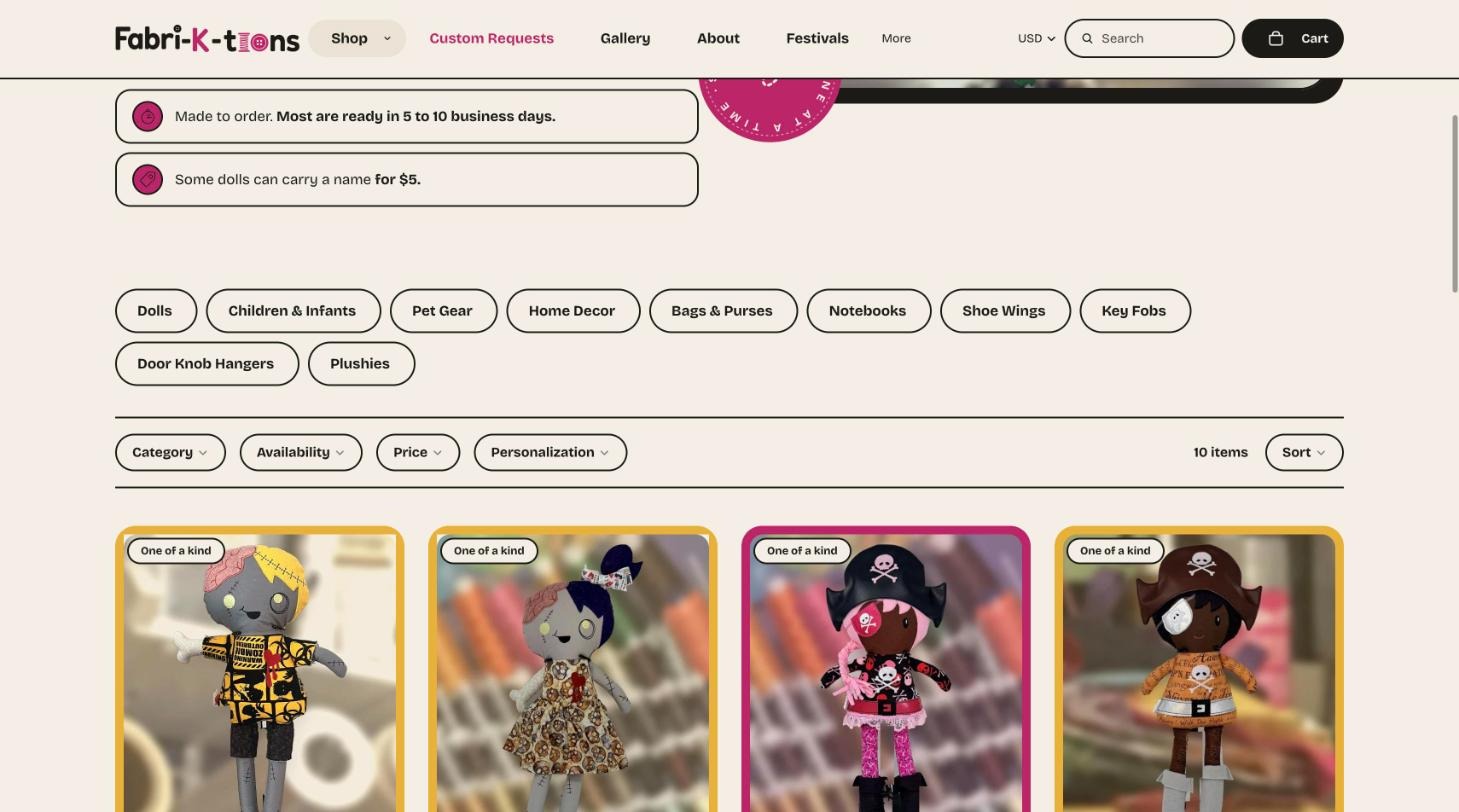The new Shopify dolls collection with category buttons, filters for availability, price and personalization, and photo cards marked One of a kind
