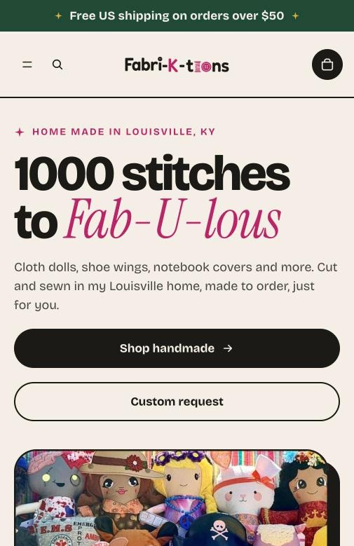 Home page on a phone showing the 1000 stitches to Fab-U-lous headline with Shop handmade and Custom request buttons