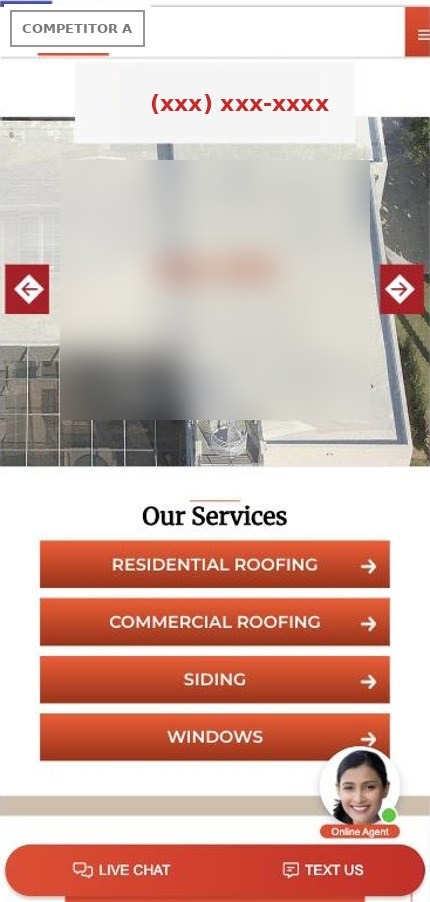 Competitor homepage on a phone: phone number at the top, four service buttons, live chat and text buttons pinned at the bottom