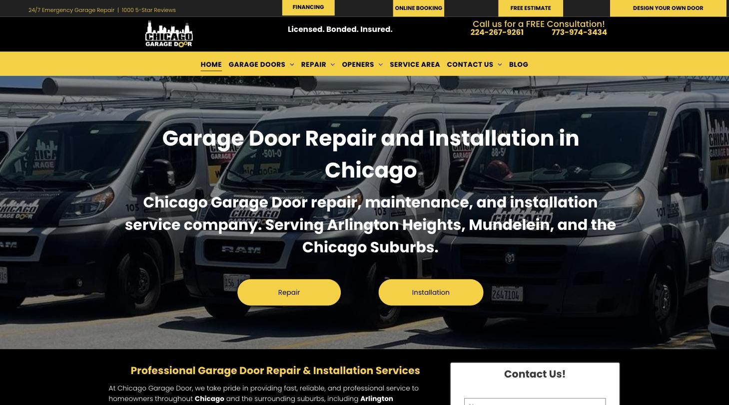 The previous Chicago Garage Door homepage on Duda, with centred text over a photo of a van fleet