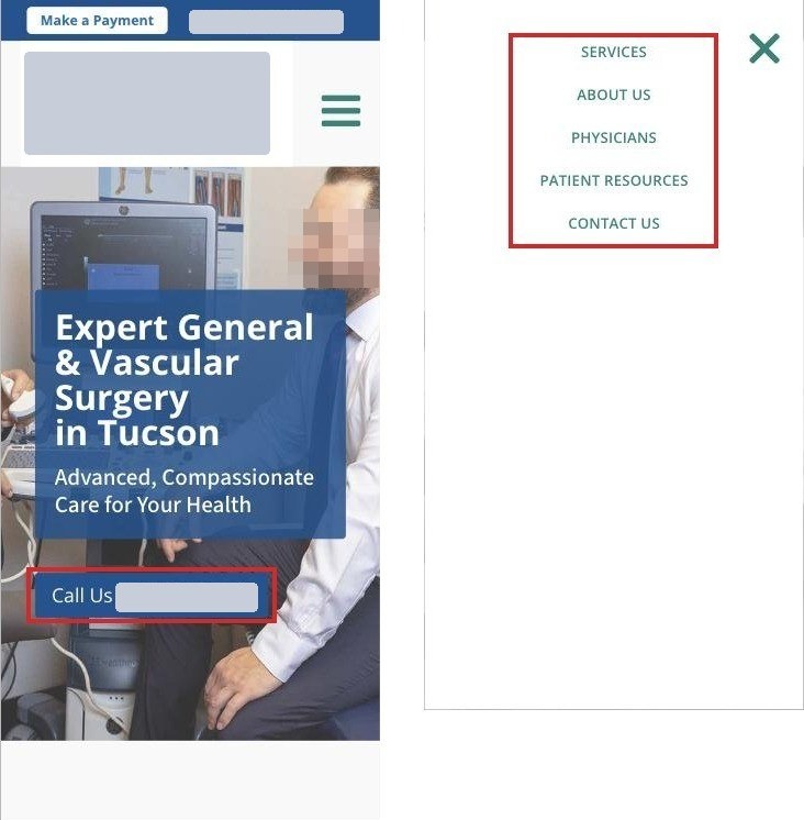 The phone menu with five links and no phone number, next to the home page where the call button has scrolled away