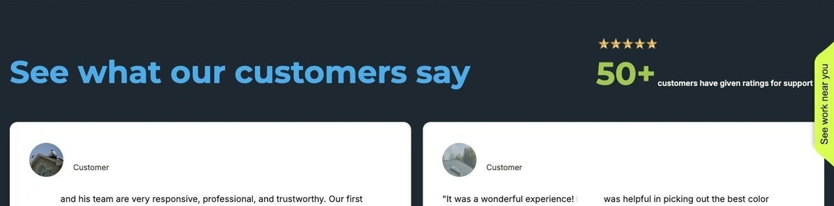Review section: See what our customers say, 50+ customers, two review cards with roof photos as avatars