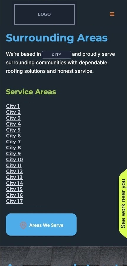 Service area list on a phone with 17 city links stacked with no spacing