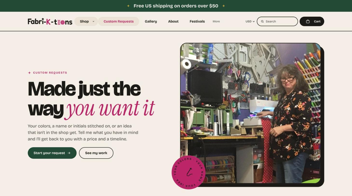 Custom Requests page hero reading Made just the way you want it, with a photo of the owner in her sewing room