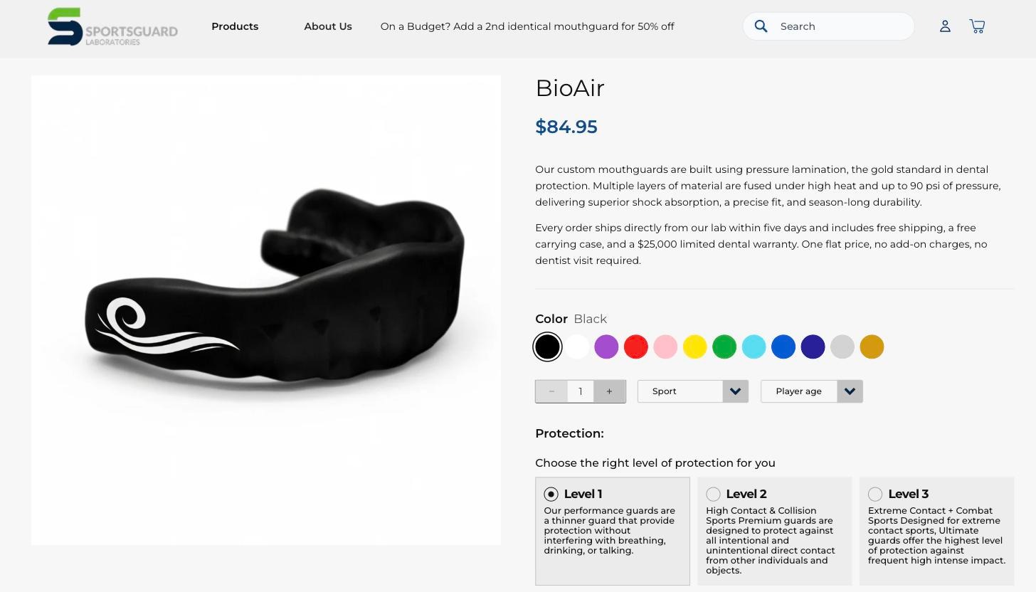SportsGuard product page showing colour, sport, player age and three protection levels