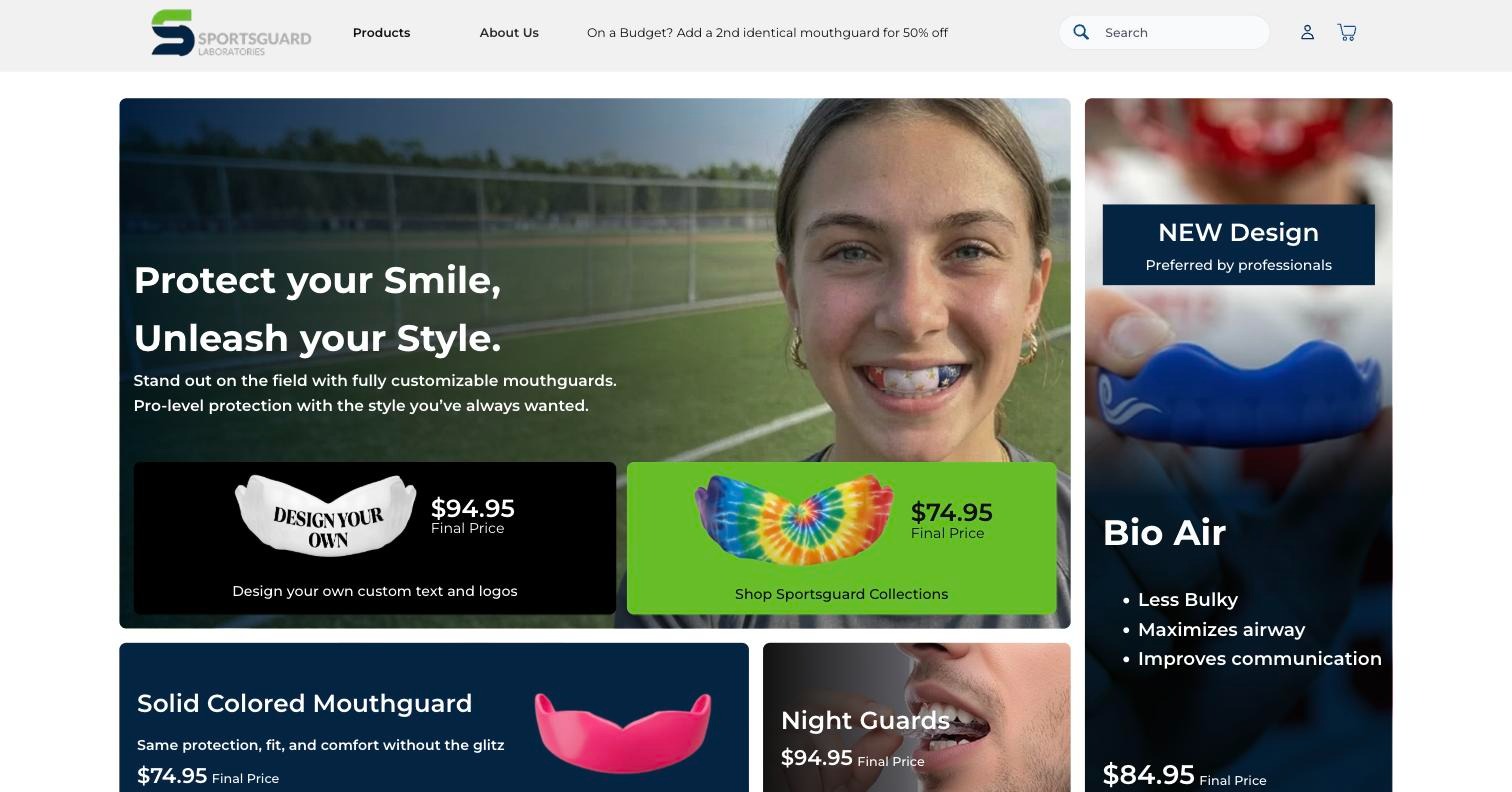 SportsGuard homepage showing the custom mouthguard range