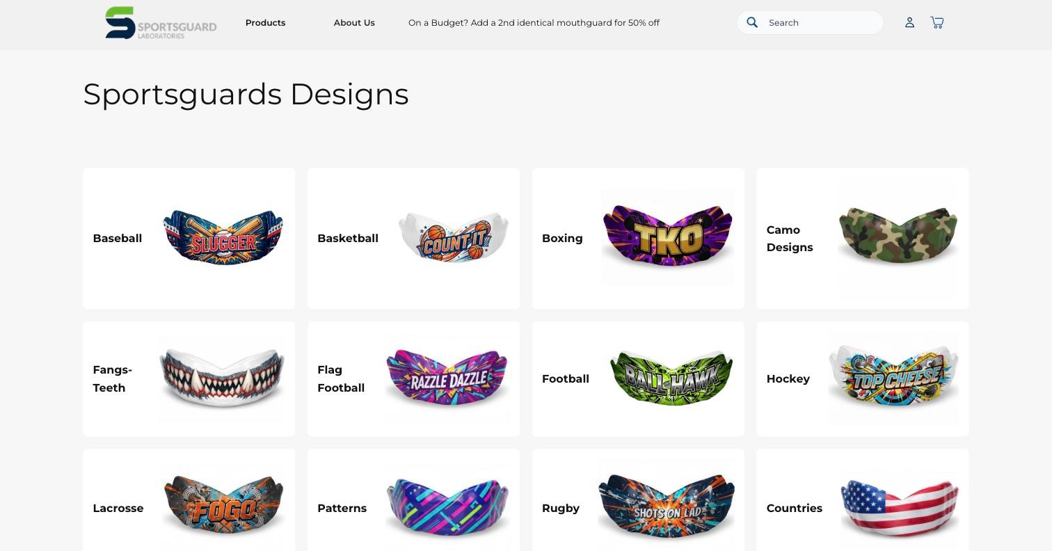 Sportsguards Designs collection page showing individual mouthguard designs by sport and style