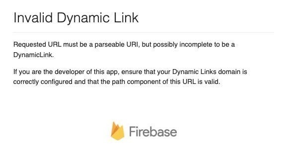 An Invalid Dynamic Link error page from Firebase, which is what the main office's Get Directions button opened