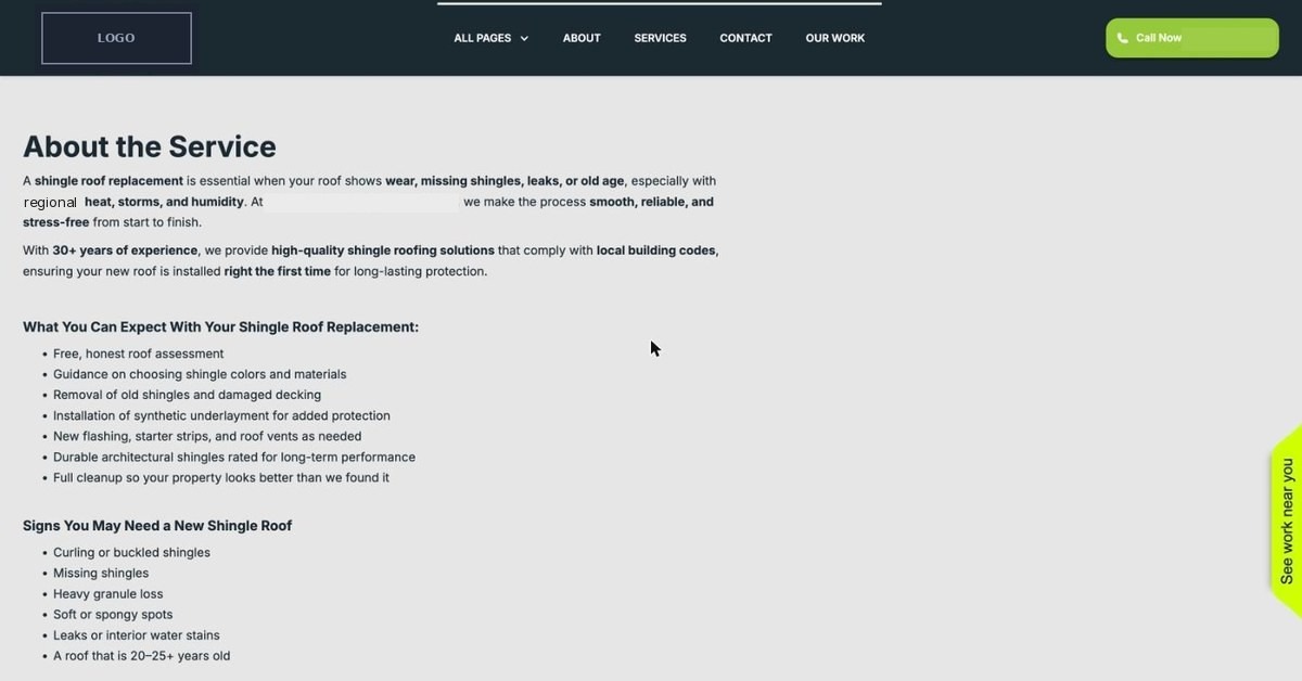 Shingle roof replacement service page with text down the left side and empty space on the right