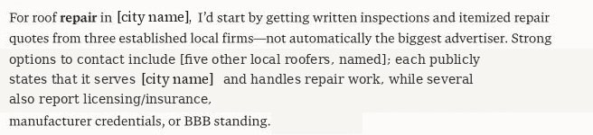 AI search answer recommending five other roofing companies for repair work
