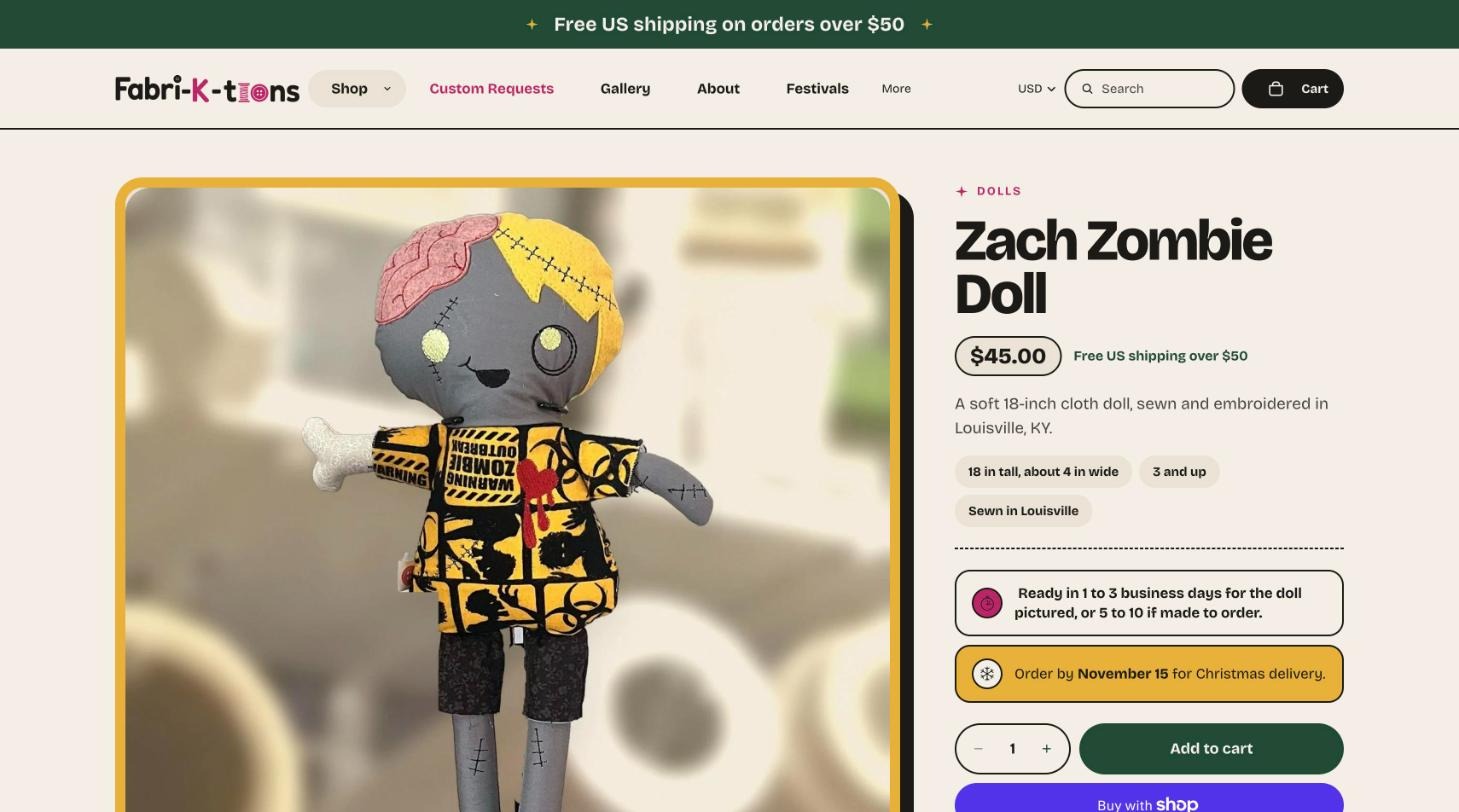 Zach Zombie Doll product page showing price, free shipping note, size and age tags, ready time and a Christmas order-by date
