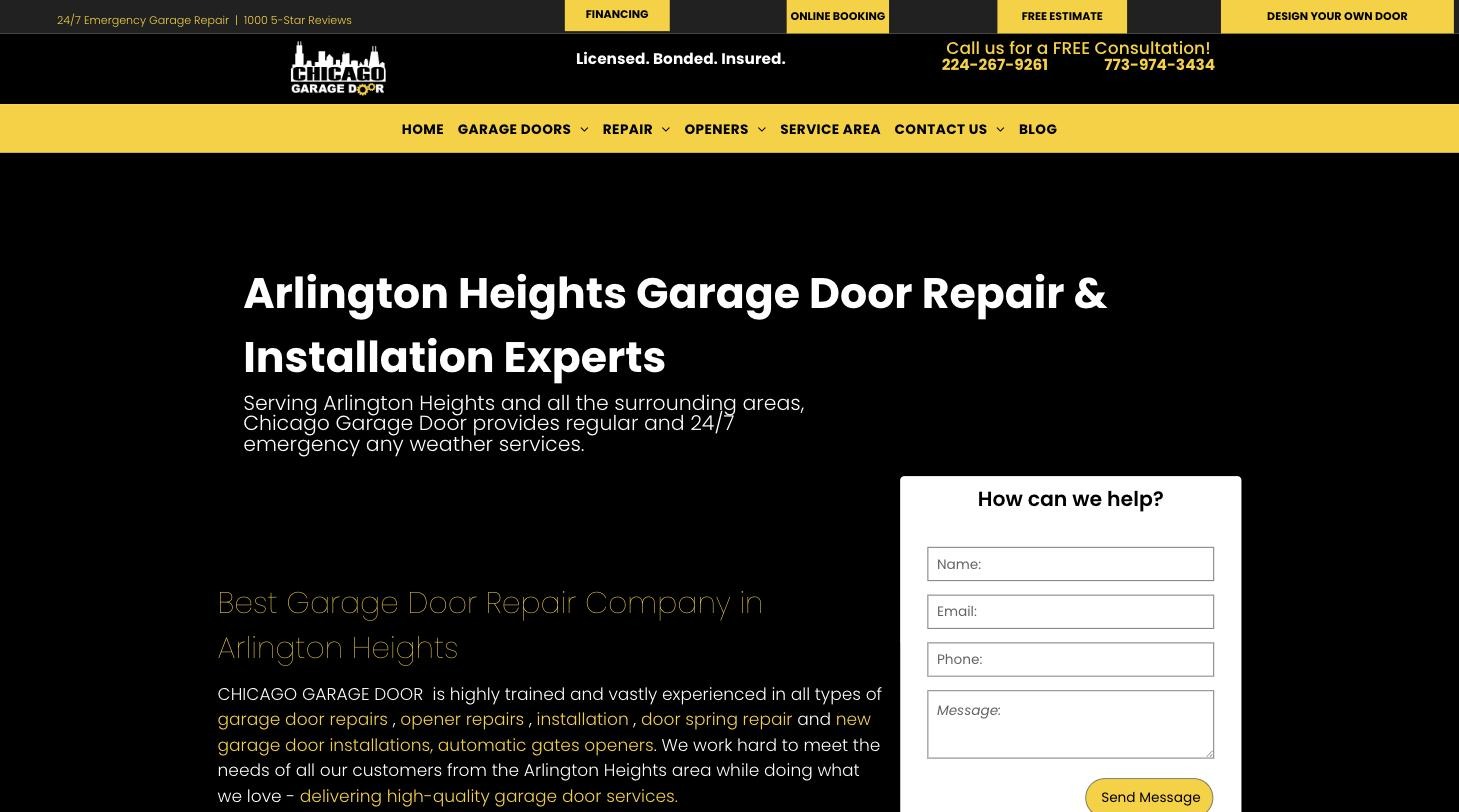 The previous Arlington Heights location page on Duda, a headline and short paragraph beside a contact form