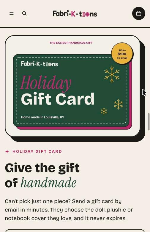 Holiday Gift Card section on a phone with a green card design reading Holiday Gift Card, $10 to $100 by email