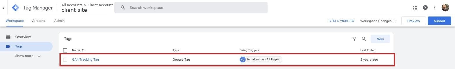 Google Tag Manager with a single tag, the basic Google Analytics connection, last edited two years ago