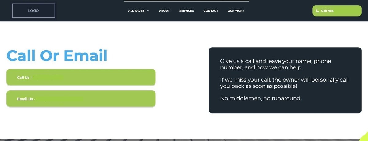 Contact page with two buttons, Call Us and Email Us, and no form