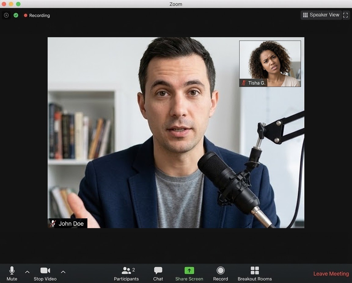 Zoom meeting, speaker view: a website specialist explaining a project, the client in a small thumbnail