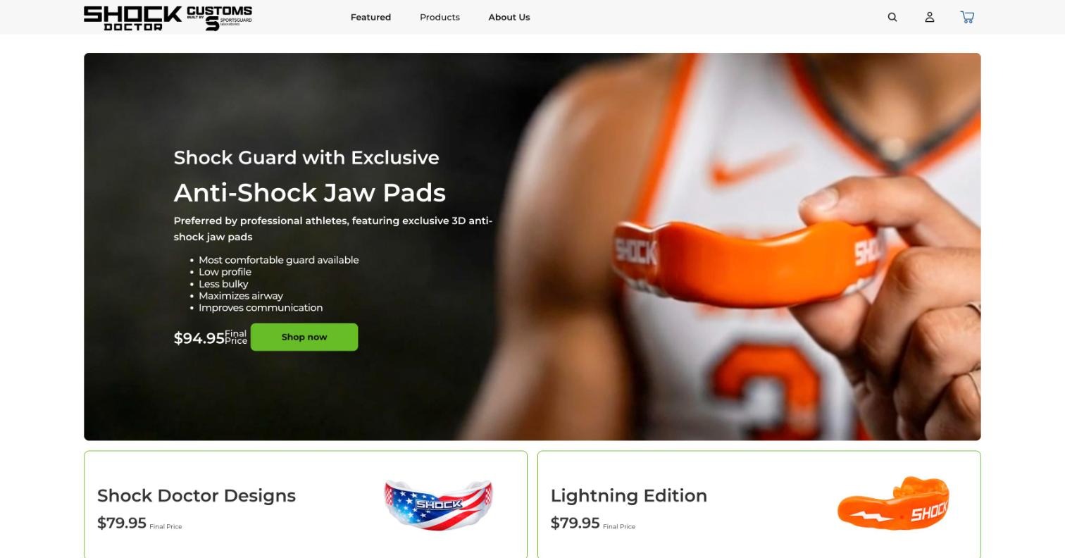 Shock Doctor co-branded section of the SportsGuard store with its own header and navigation
