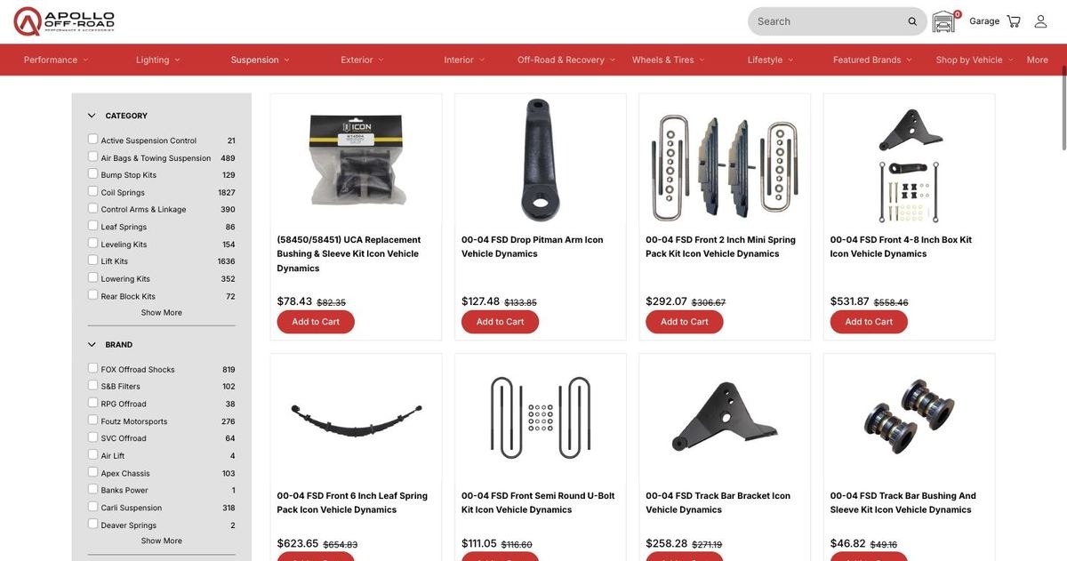 Suspension collection page showing category, brand and fitment filters with product counts