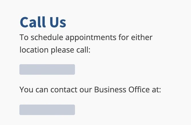 The contact page: a Call Us heading, a scheduling number and a business office number, nothing else