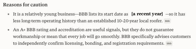 AI search answer listing reasons for caution, starting with a relatively young business per a recent BBB start date