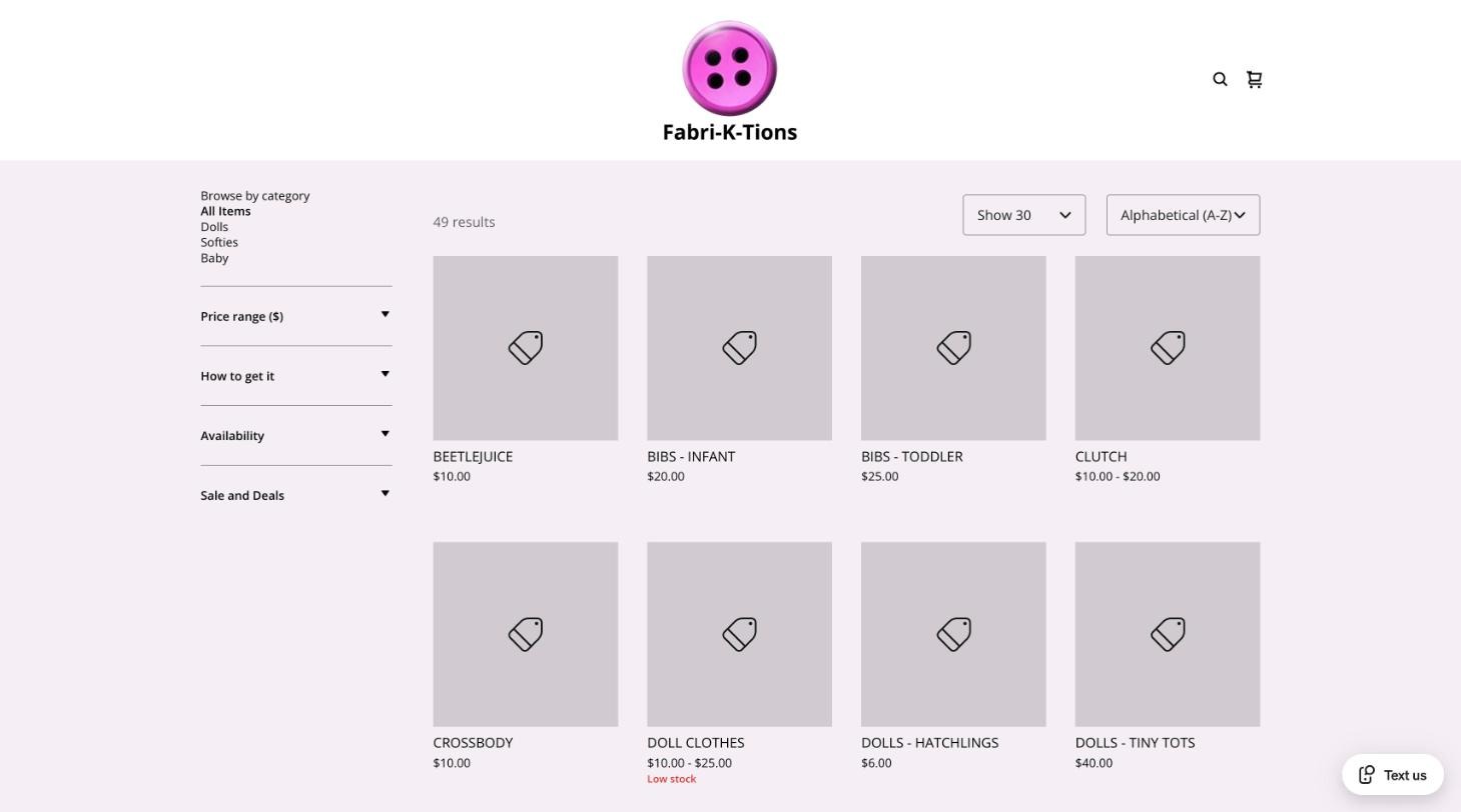 The old Square online store: a pink button logo above a grid of products named BIBS - INFANT, CLUTCH and DOLLS - HATCHLINGS, most showing a grey placeholder instead of a photo