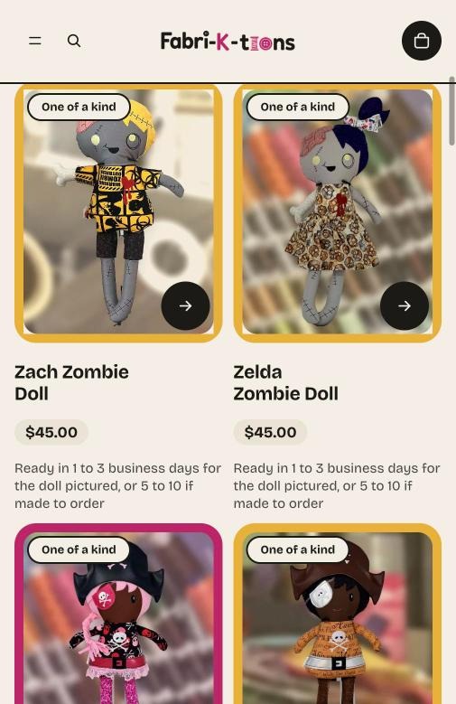 Collection page on a phone with two product cards per row, each with a One of a kind badge, price and ready time