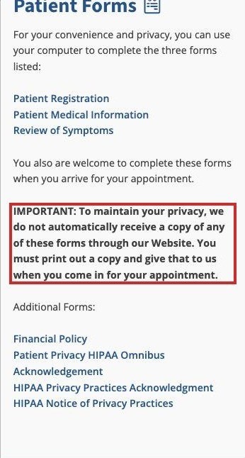 The patient forms page: use your computer to complete the three forms, or complete them when you arrive