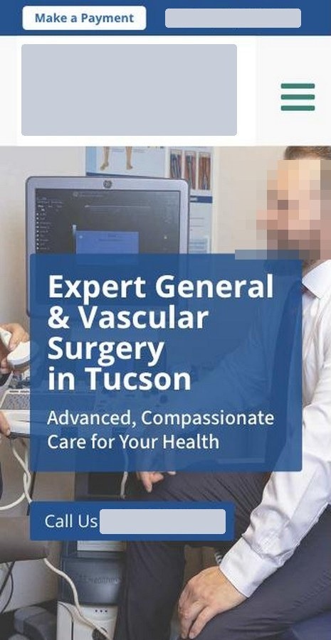The clinic's home page on a phone: logo, photo and a headline, with the only button being a phone number