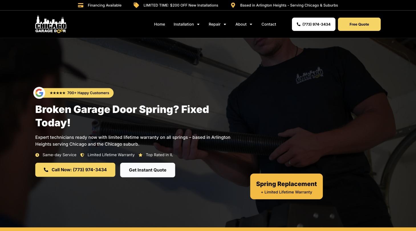 The rebuilt spring repair page, with a symptom-led headline, review badge and warranty callout