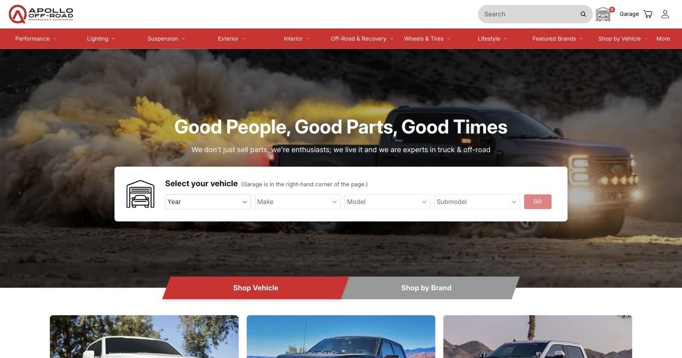 Apollo Off-Road homepage showing the year, make, model and submodel vehicle fitment selector