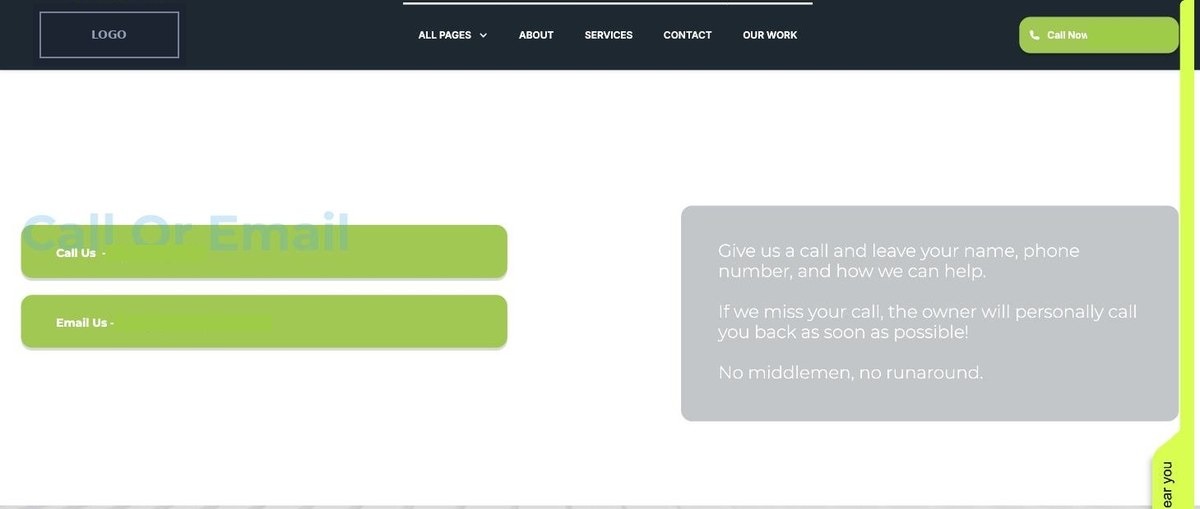 Contact page about three seconds after opening, heading and text still fading in