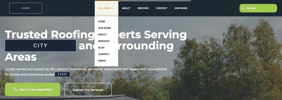 Homepage with the All Pages dropdown open, repeating the main menu items