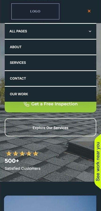 Mobile menu open with five links and no call button