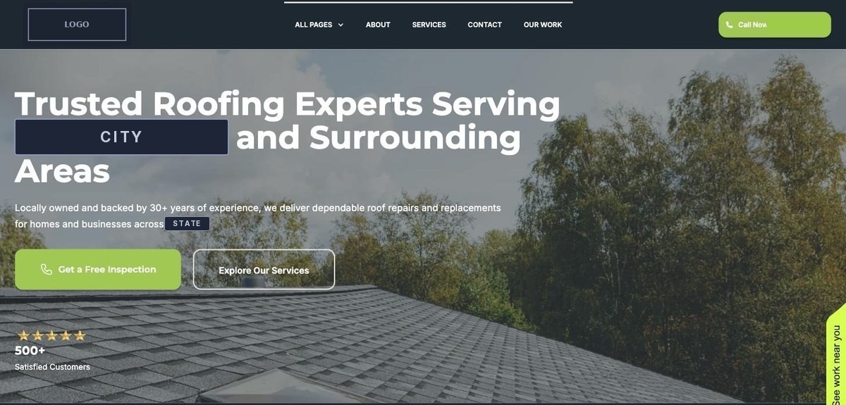 Homepage hero with a Get a Free Inspection button and a Call Now button in the header