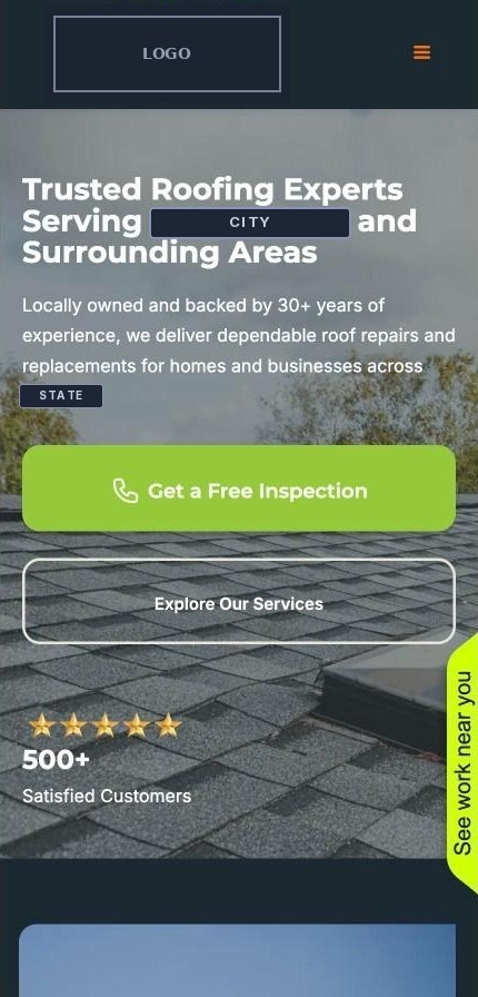 Homepage at phone width: logo, menu icon, no phone number