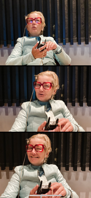 Sara Høyrup doing chuchotage interpreting at Aros