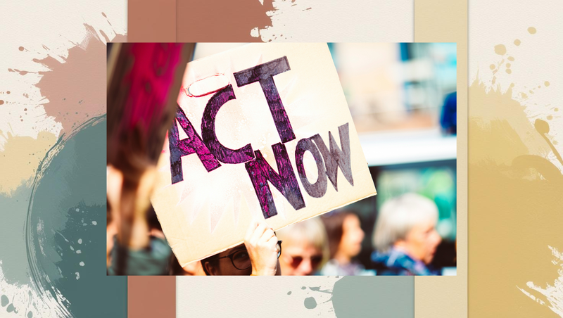Violet and white ‘Act Now’ sign on an off-white background, symbolizing a clear call-to-action for turning blog readers into clients.