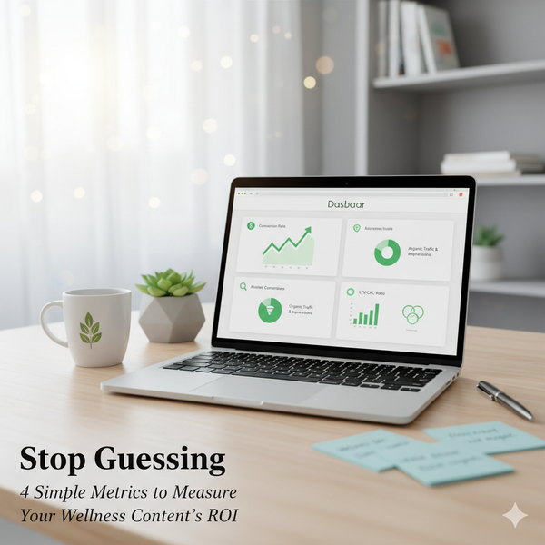 Laptop screen displaying a bold message to 'Stop Guessing,' emphasizing the clarity provided by using the four simple metrics to accurately measure content ROI.