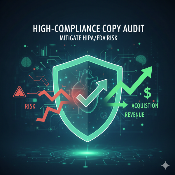A digital graphic showing a glowing green shield protecting a human heart, symbolizing compliance in health tech. Inside the shield, a green arrow points upwards towards "Acquisition" and "Revenue," while a red downward-pointing arrow labeled "Risk" is outside the shield, stopped by a red exclamation mark.