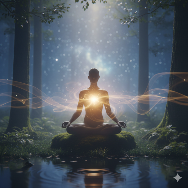 A person in a meditative pose, surrounded by glowing, ethereal energy, symbolizing inner peace and vitality.