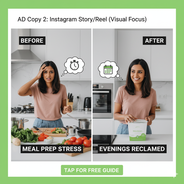 Vertical Instagram Story ad mockup using a split-screen visual. The left side shows cooking stress (frustrated woman in a kitchen). The right side shows ease and relaxation (woman enjoying a meal quickly). The ad promotes the free guide to win back evening time.