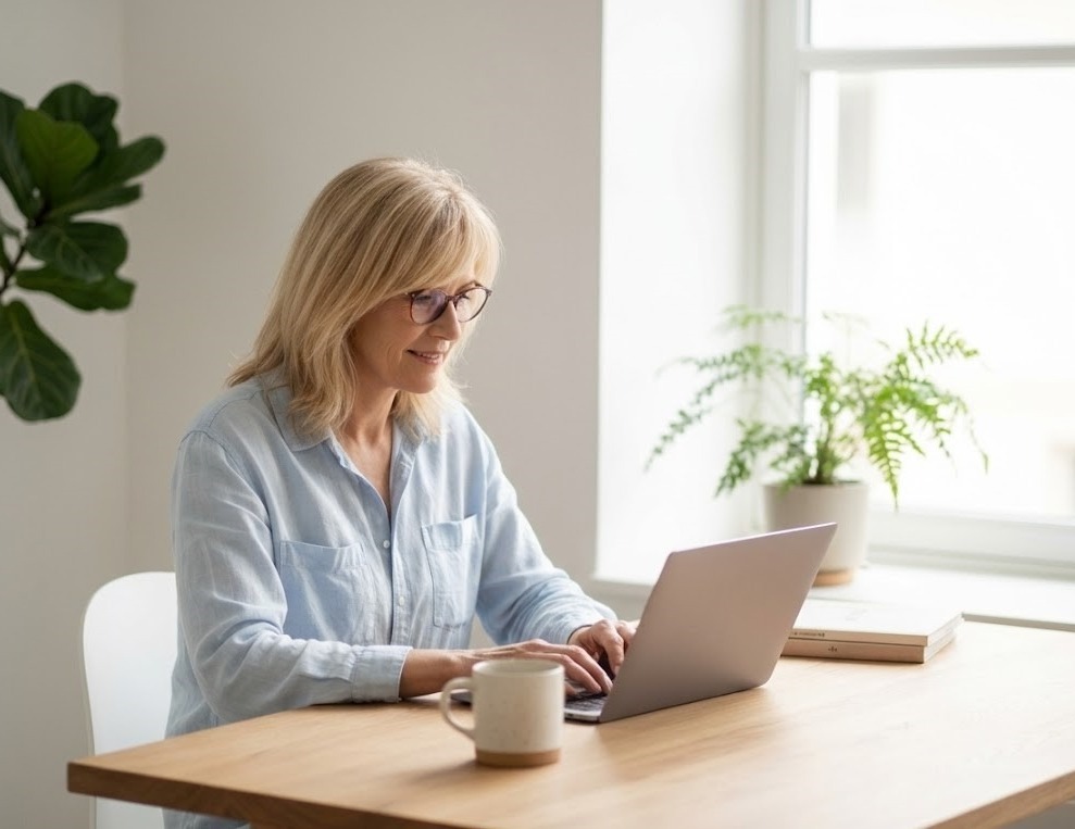 LindseyAskew Wellness Copywriting working at desk with laptop
