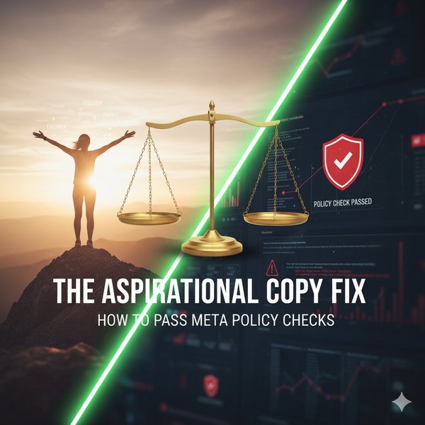 Balanced legal scales with "Right" outweighing "Wrong," symbolizing ethical, compliant aspirational copy that passes Meta policy checks.