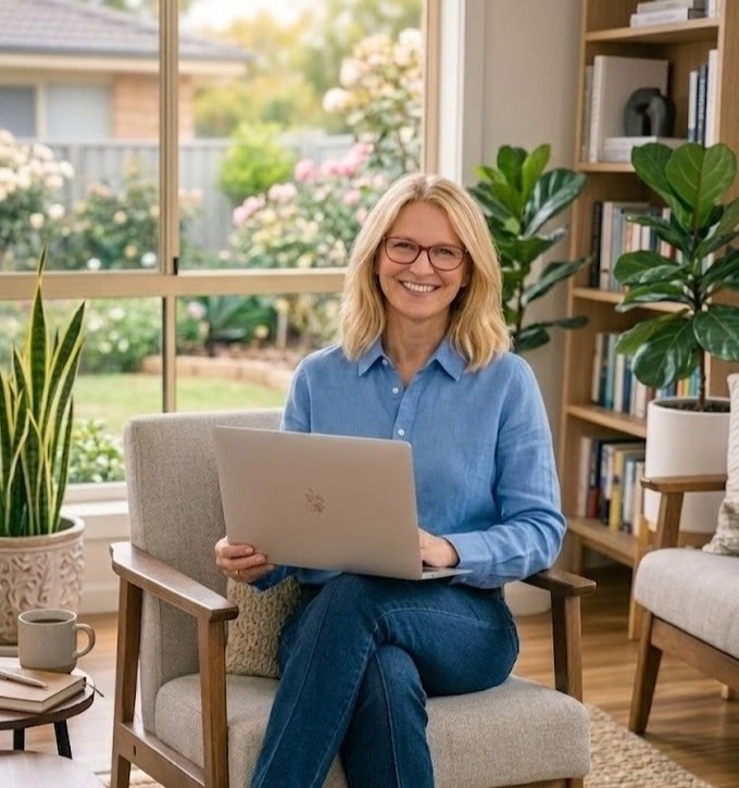 lindseyaskew copywiter smiling holding laptop