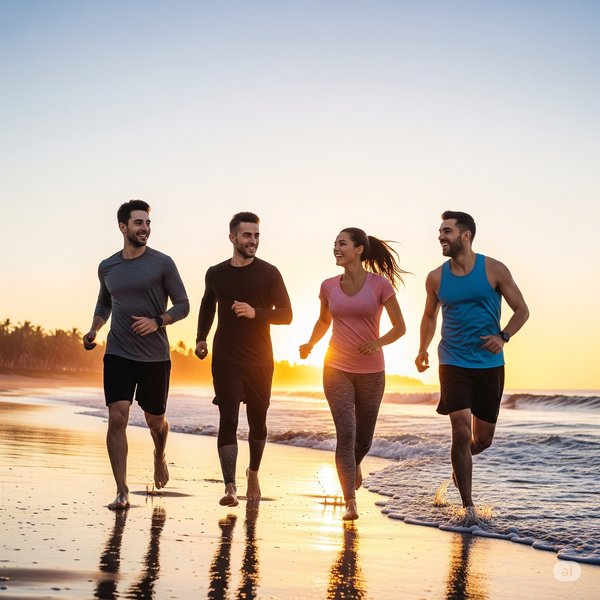 People joyfully running and leaping on a sunny beach, illustrating the freedom, energy, and success that effective health and wellness copywriting can deliver in 2025.