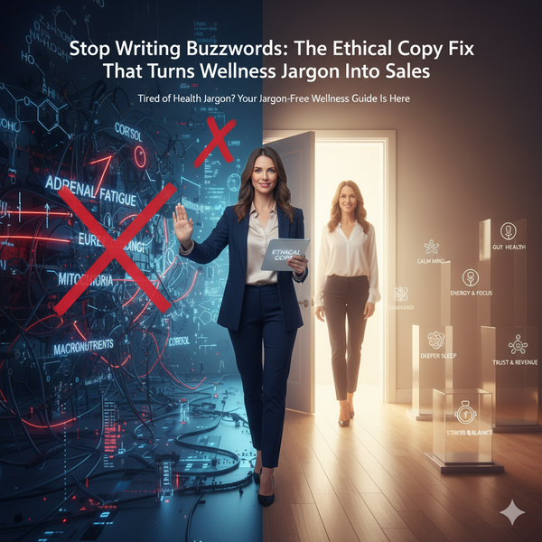 Woman holding her hand up in a clear "stop" gesture, refusing unethical or non-compliant copywriting.