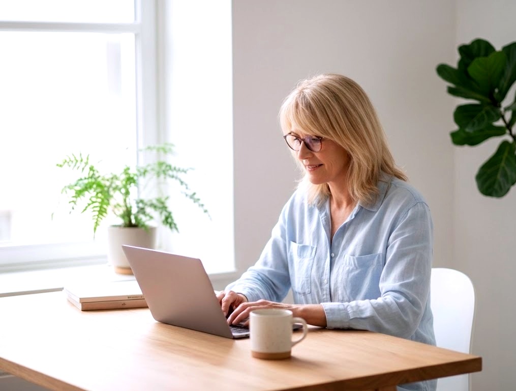 Wellness Copywriter Lindsey Askew typing at clean desk with laptop