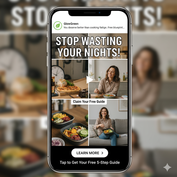 Facebook ad mockup showing a smiling woman eating a GlowGreen plant-based meal while working on a laptop, demonstrating time saved. The ad copy headline reads: "Stop Losing Your Evenings to Meal Prep