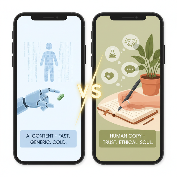 A robot hand typing on a laptop on one side and a human hand writing on a notepad on the other, illustrating the difference between AI and ethical, human-centric wellness copywriting.
